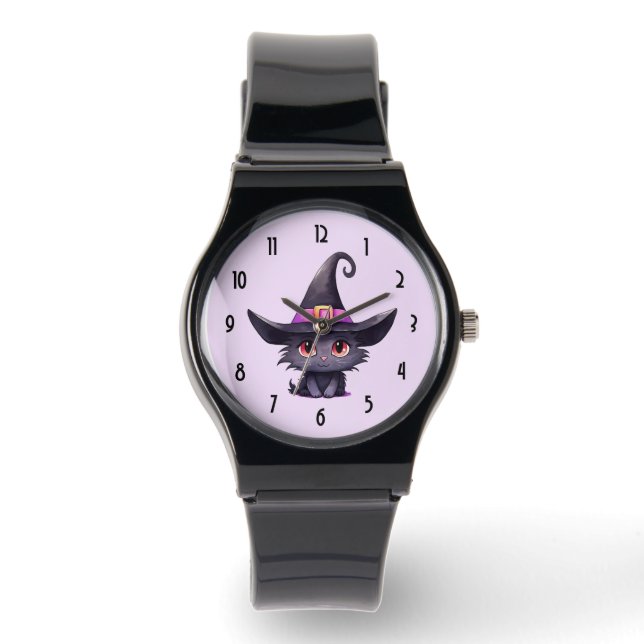 Niedliche schwarze Katze mit Hexenhut Armbanduhr (Vorderseite)