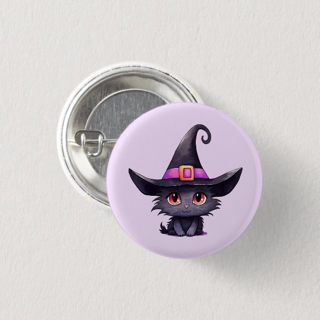Niedliche schwarze Katze mit Hexenhut Button (Vorne & Hinten)