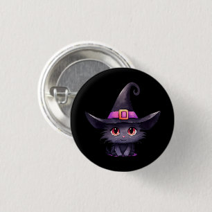 Niedliche schwarze Katze mit Hexenhut Button