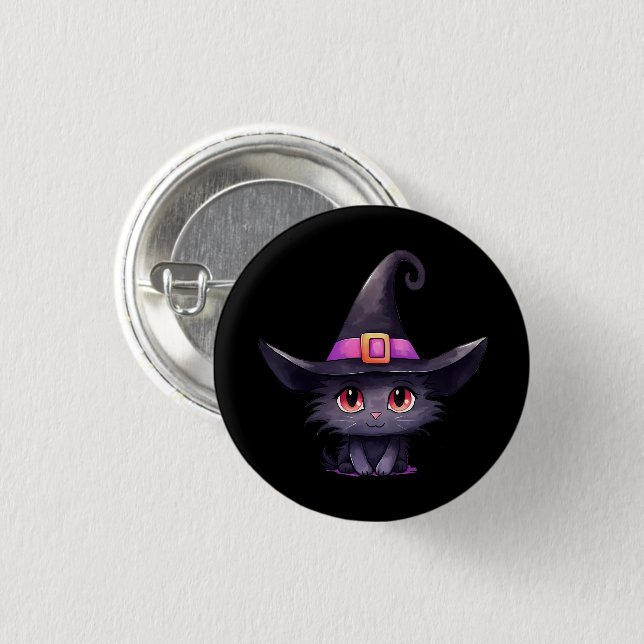 Niedliche schwarze Katze mit Hexenhut Button (Vorne & Hinten)