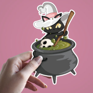 Niedliche schwarze Katze mit Hexenhut, die Zaubert Aufkleber