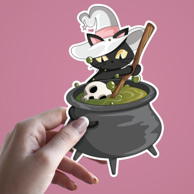 Niedliche schwarze Katze mit Hexenhut, die Zaubert Aufkleber (Black Cat Mixing Up a Potion. Halloween Theme Sticker)