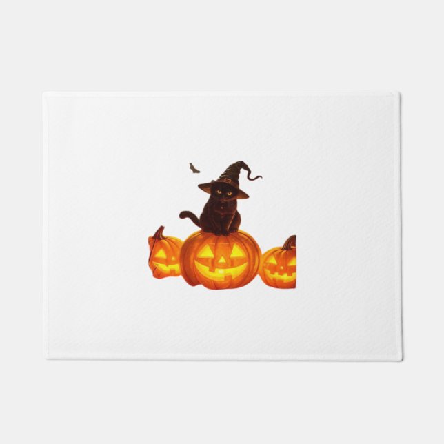 Niedliche schwarze Katze mit Hexenhut, Fledermäuse Fußmatte (Vorderseite)