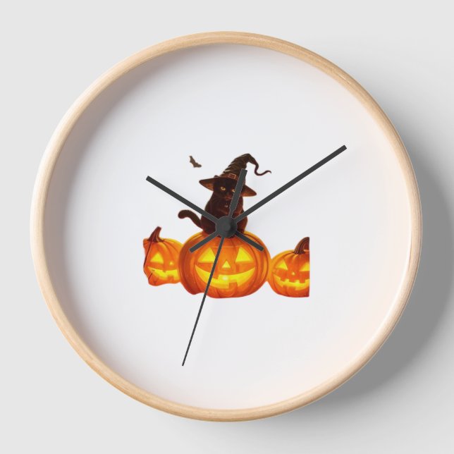 Niedliche schwarze Katze mit Hexenhut, Fledermäuse Uhr (Vorderseite)