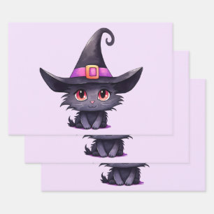 Niedliche schwarze Katze mit Hexenhut Geschenkpapier Set