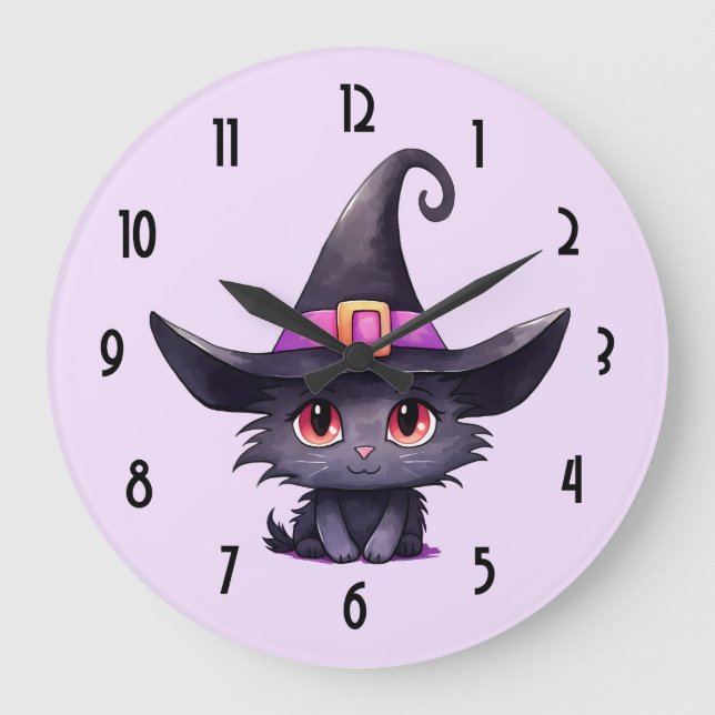 Niedliche schwarze Katze mit Hexenhut Große Wanduhr (Vorderseite)