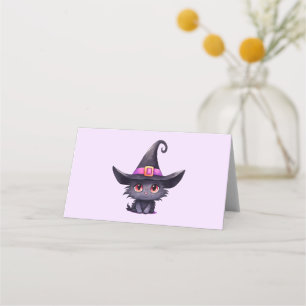 Niedliche schwarze Katze mit Hexenhut Platzkarte