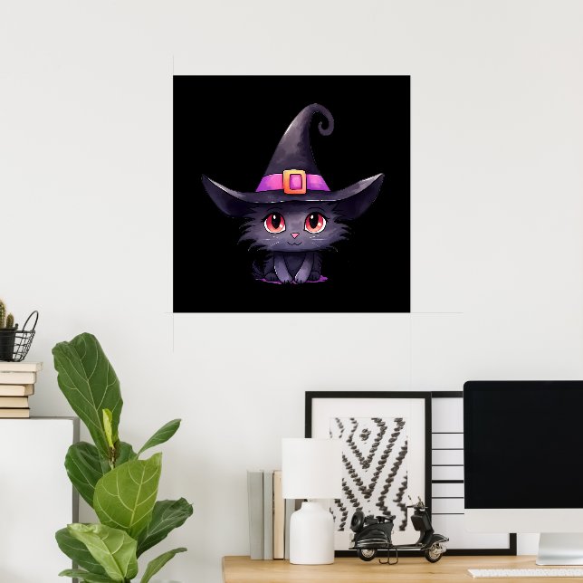 Niedliche schwarze Katze mit Hexenhut Poster (Heimbüro)