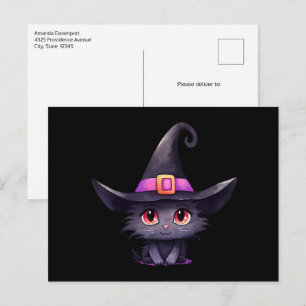 Niedliche schwarze Katze mit Hexenhut Postkarte