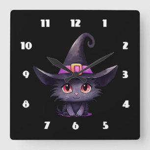 Niedliche schwarze Katze mit Hexenhut Quadratische Wanduhr