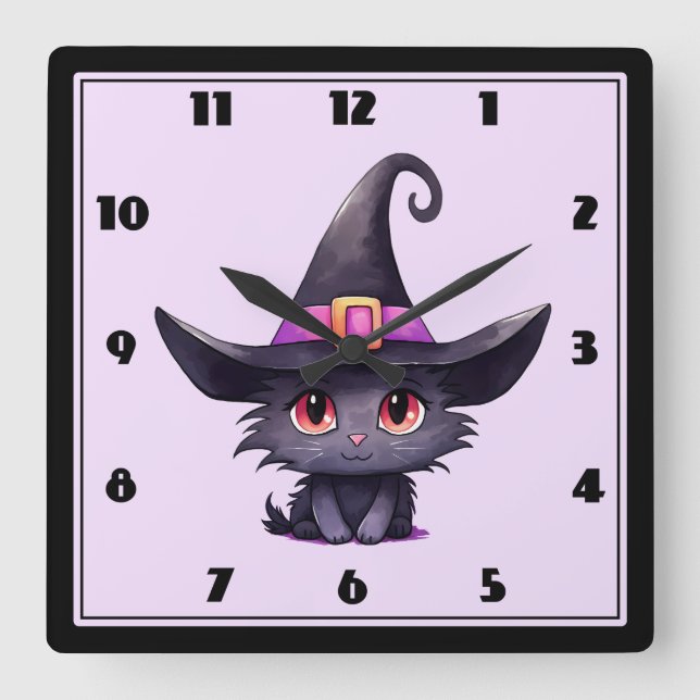 Niedliche schwarze Katze mit Hexenhut Quadratische Wanduhr (Vorderseite)