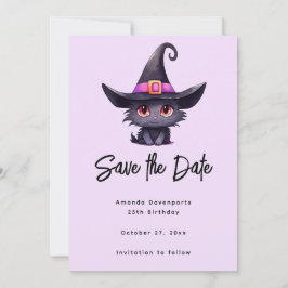 Niedliche schwarze Katze mit Hexenhut Save The Date