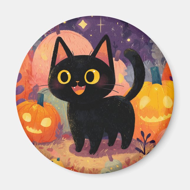 Niedliche Schwarze Katze mit Jack-o-Lanterns - Mag Magnet (Vorne)