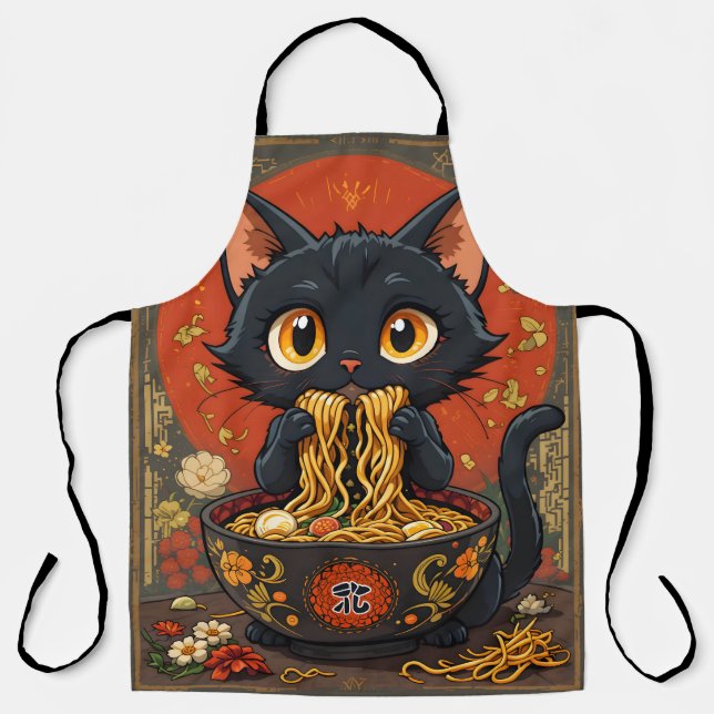 Niedliche schwarze Katze mit Nudeln Schürze (Vorderseite)