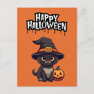 Niedliche Schwarze Katze mit Pumpkin-Kürbislaterne Postkarte