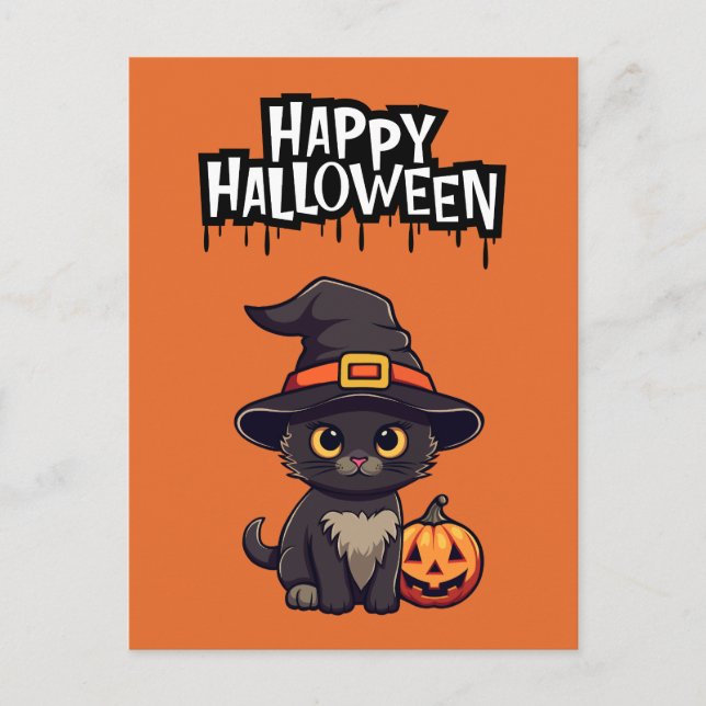 Niedliche Schwarze Katze mit Pumpkin-Kürbislaterne Postkarte (Vorderseite)