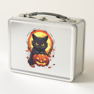 Niedliche Schwarze Katze mit Pumpkin Metall Brotdose