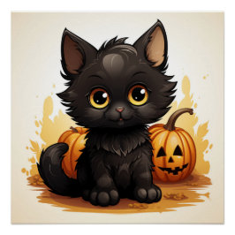 Niedliche Schwarze Katze mit Pumpkins Poster
