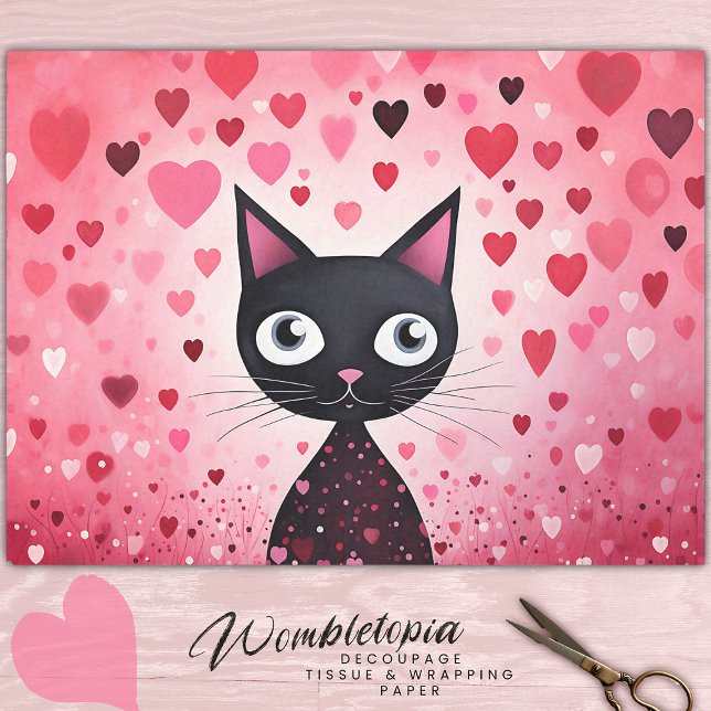 Niedliche schwarze Katze mit rosa Herzensdekor Seidenpapier (Von Creator hochgeladen)