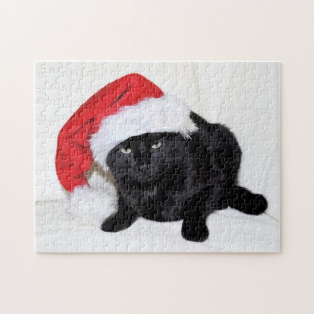 Niedliche schwarze Katze mit Weihnachtsmannmütze (Horizontal)