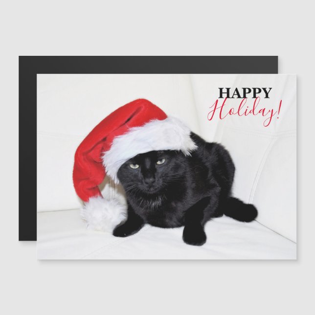 Niedliche Schwarze Katze mit Weihnachtsmannmütze Magnetkarte (Vorne/Hinten)