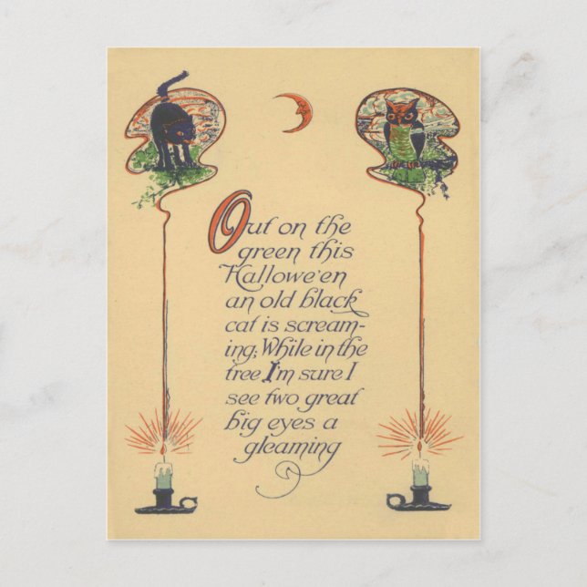 Niedliche Schwarze Katze Owl Crescent Moon Candle Postkarte (Vorderseite)