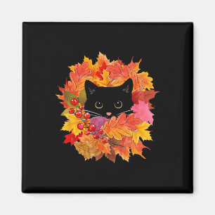 Niedliche Schwarze Katze Pile von Blätter Herbst H Magnet