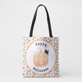 Niedliche schwarze Katze pinkelt über einem Kürbis Tasche