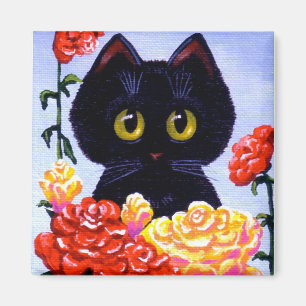 Niedliche Schwarze Katze Rote Rosen Kreative Kunst Magnet