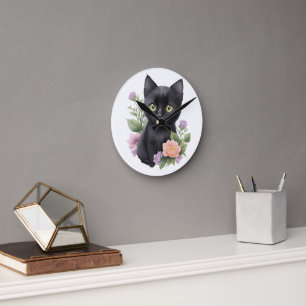 Niedliche schwarze Katze Runde Wanduhr