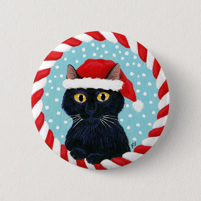 Niedliche schwarze Katze, Sankt-Winter Button (Vorderseite)