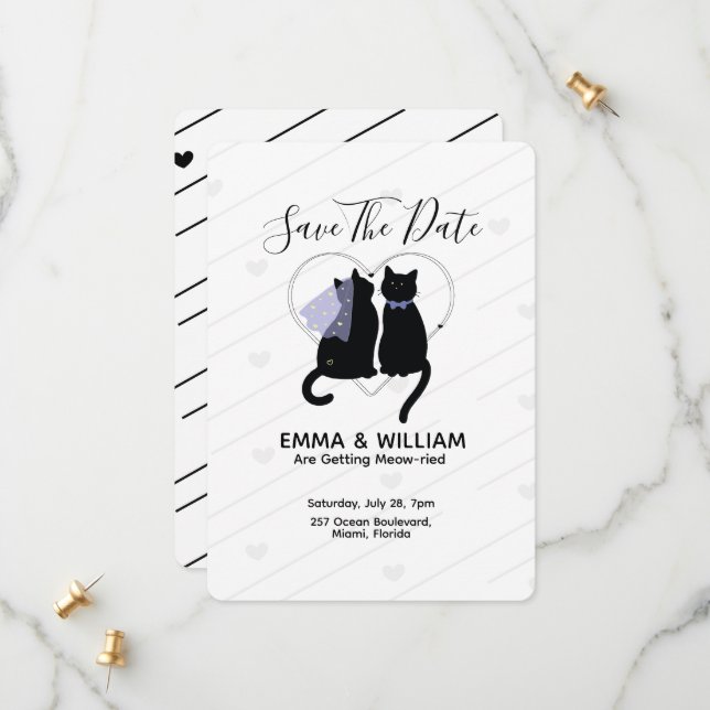 Niedliche Schwarze Katze Save the Date Hochzeitska (Vorderseite/Rückseite Beispiel)