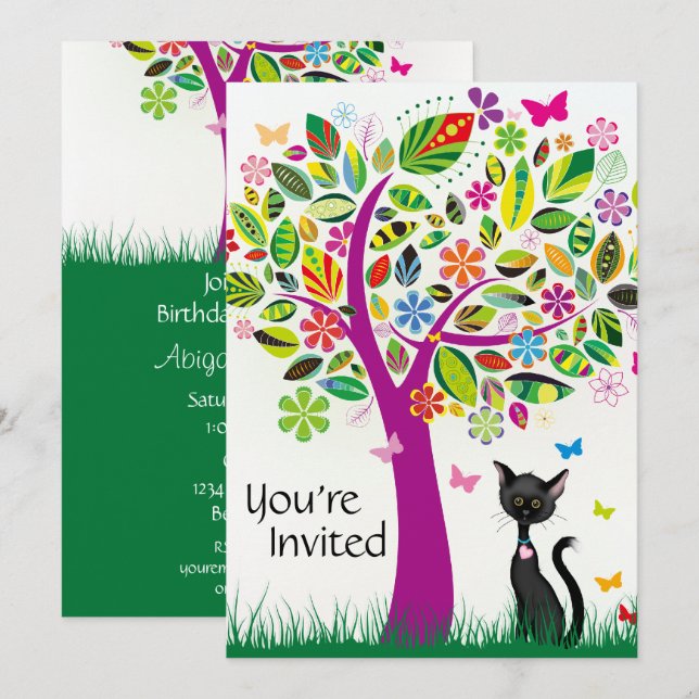 Niedliche Schwarze Katze und Blume Bäume Geburtsta Einladung (Vorne/Hinten)