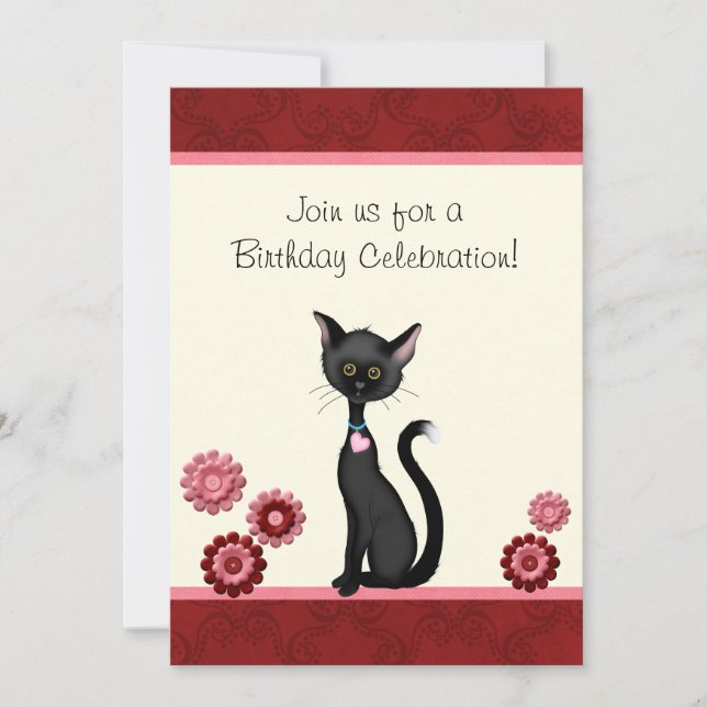 Niedliche Schwarze Katze und Blume Einladung zum G (Vorderseite)