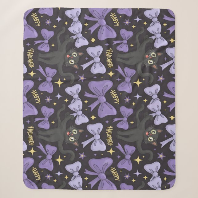 Niedliche schwarze Katze und Bow nahtloses Hallowe Sherpadecke (Vorderseite)