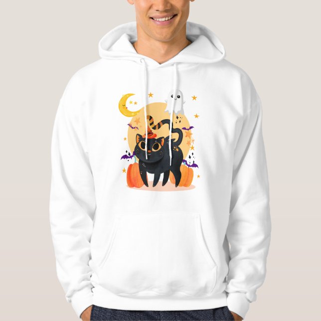 Niedliche Schwarze Katze und Ghost Halloween Hoodie (Vorderseite)