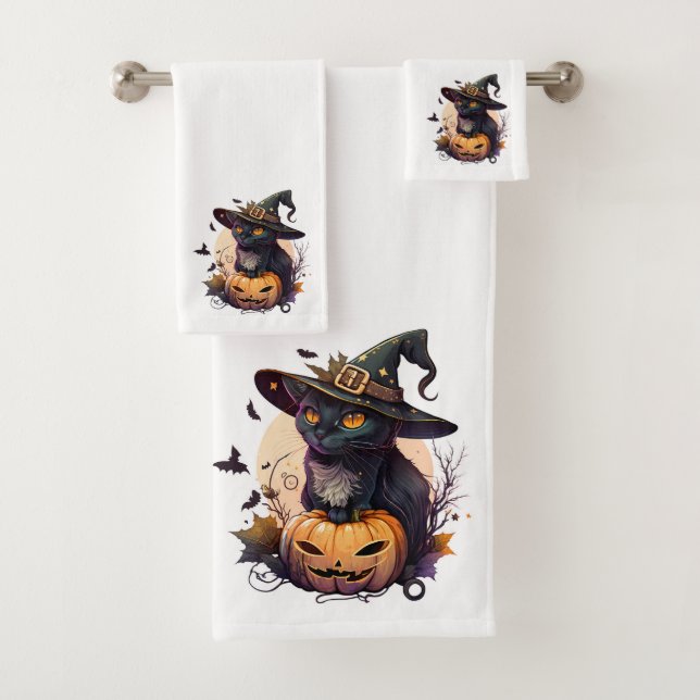 Niedliche Schwarze Katze und Jack-o-Laterne Badhandtuch Set (Insitu)