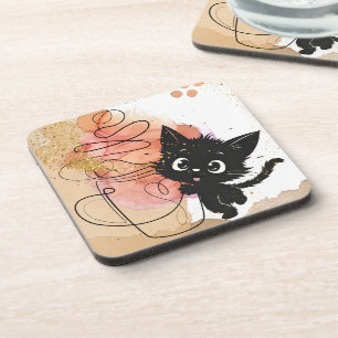 Niedliche schwarze Katze und Kaffee, cremige Farbe Getränkeuntersetzer