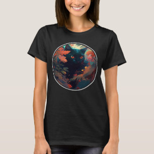 Niedliche schwarze Katze Verstecken in Frühlingsbl T-Shirt
