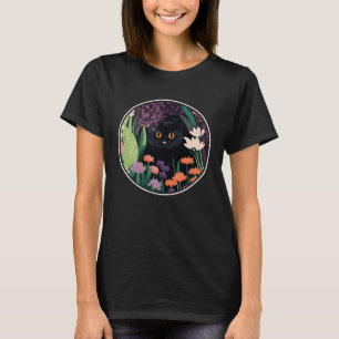 Niedliche schwarze Katze Verstecken in Frühlingsbl T-Shirt