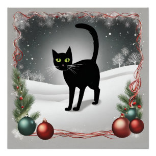 Niedliche Schwarze Katze WeihnachtsIllustration Poster