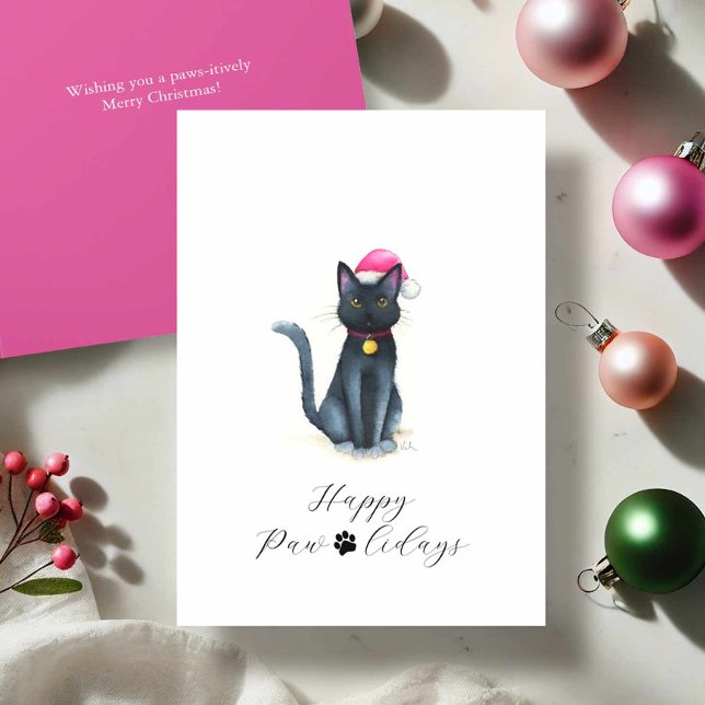 Niedliche Schwarze Katze Weihnachtskarten Feiertagskarte (Black cat Christmas cards watercolor by Victoria Grigaliunas Happy Paw-lidays Merry Christmas Wishes)