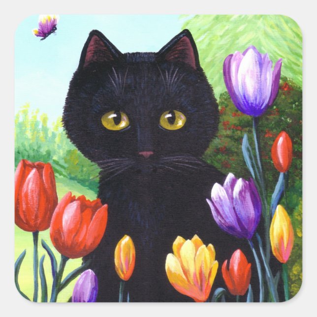 Niedliche Schwarze Katzen Blume Tulips Creationart Quadratischer Aufkleber (Vorderseite)