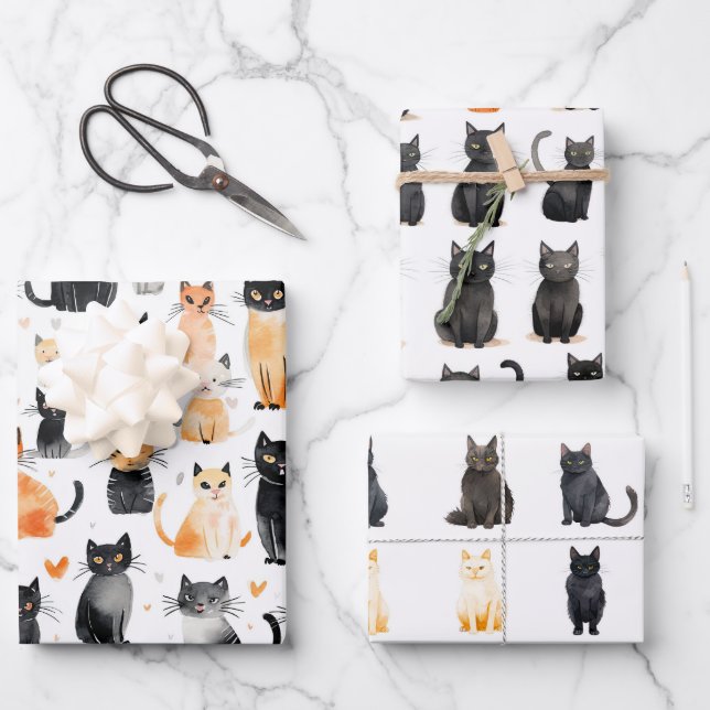 Niedliche schwarze Katzen Geschenkpapier Set (Vorderseite)
