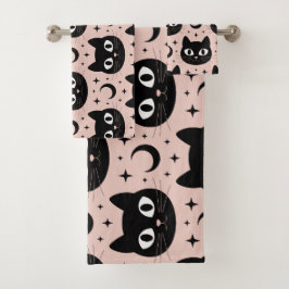 Niedliche Schwarze Katzen & Himmelskörper Hallowee Badhandtuch Set