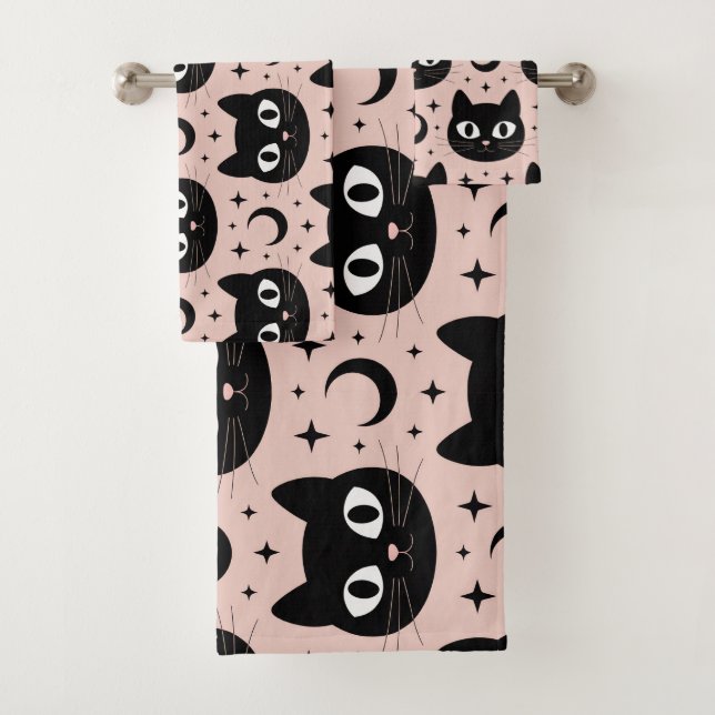 Niedliche Schwarze Katzen & Himmelskörper Hallowee Badhandtuch Set (Insitu)