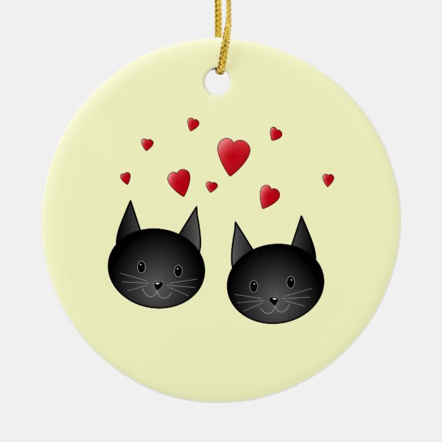 Niedliche schwarze Katzen mit Herzen, auf Creme Keramikornament (Vorne)