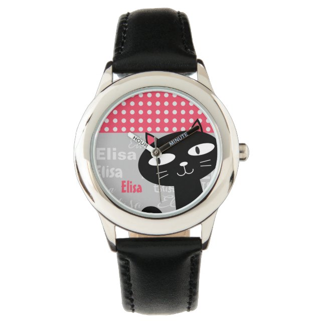 Niedliche schwarze Katzenrosa Polka Punkte Fügen S Armbanduhr (Vorderseite)