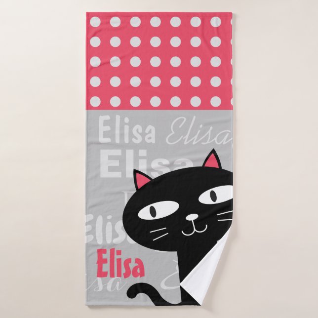 Niedliche schwarze Katzenrosa Polka Punkte Fügen S Badehandtuch (Badehandtuch)