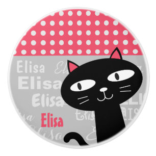Niedliche schwarze Katzenrosa Polka Punkte Fügen S Keramikknauf